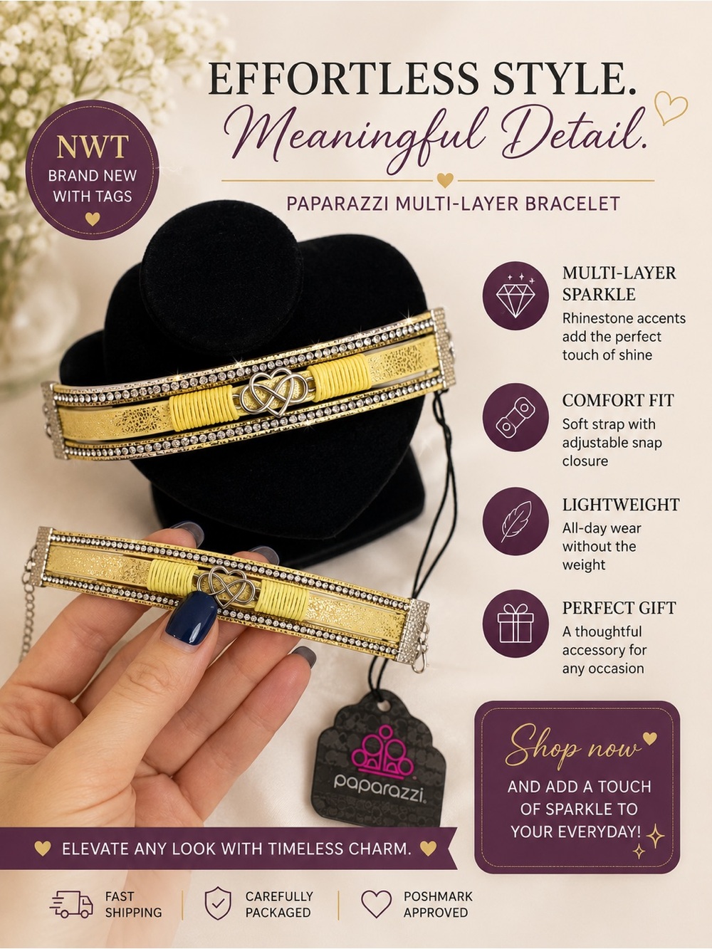 paparazzi Gold Yellow Multi-Layer Bracelet with Rhinestones